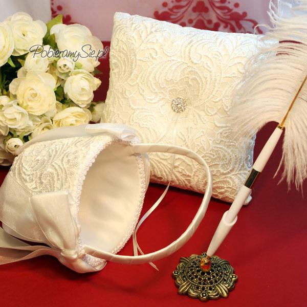 Kolekcja akcesoriów ślubnych - poduszka na obrączki, koszyczek na płatki, eleganckie pióro strusie z podstawką