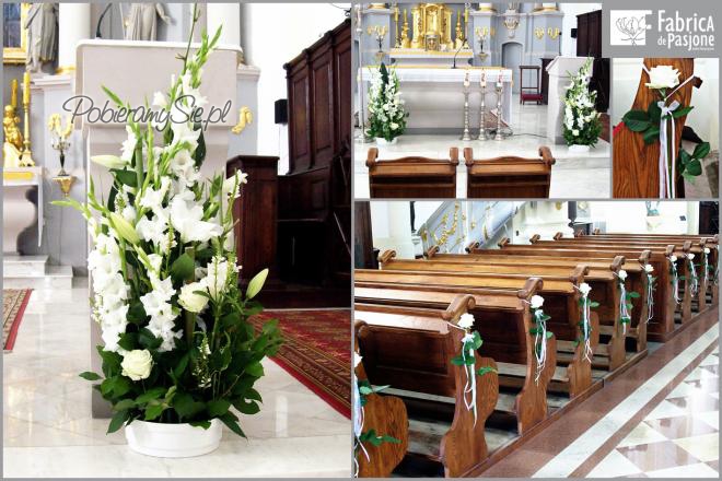 dekoracje ślubne, dekoracja kościoła, biel, róże, mieczyki